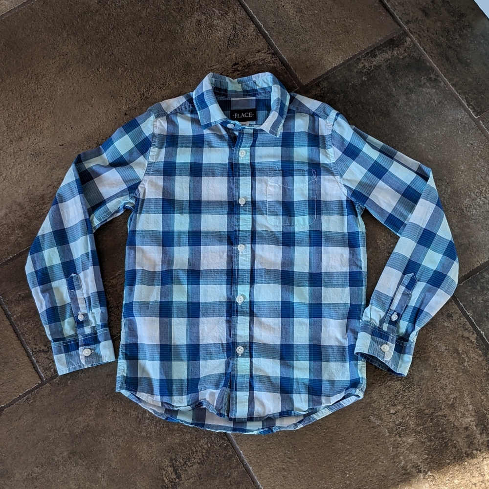 Boys Button Up Cotton Semi Dressy Plaid Collared Shirt Size 7/8 Blue